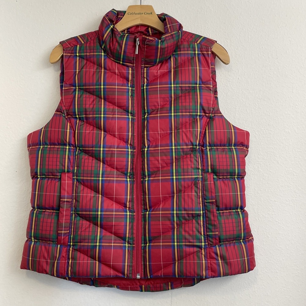 Lands End Vest Womens MP Red Green Plaid Down Puffer Coastal Grandmom Holiday